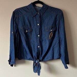Grateful Dead inspired Denim Button-Up Shirt with Embroidered Patch